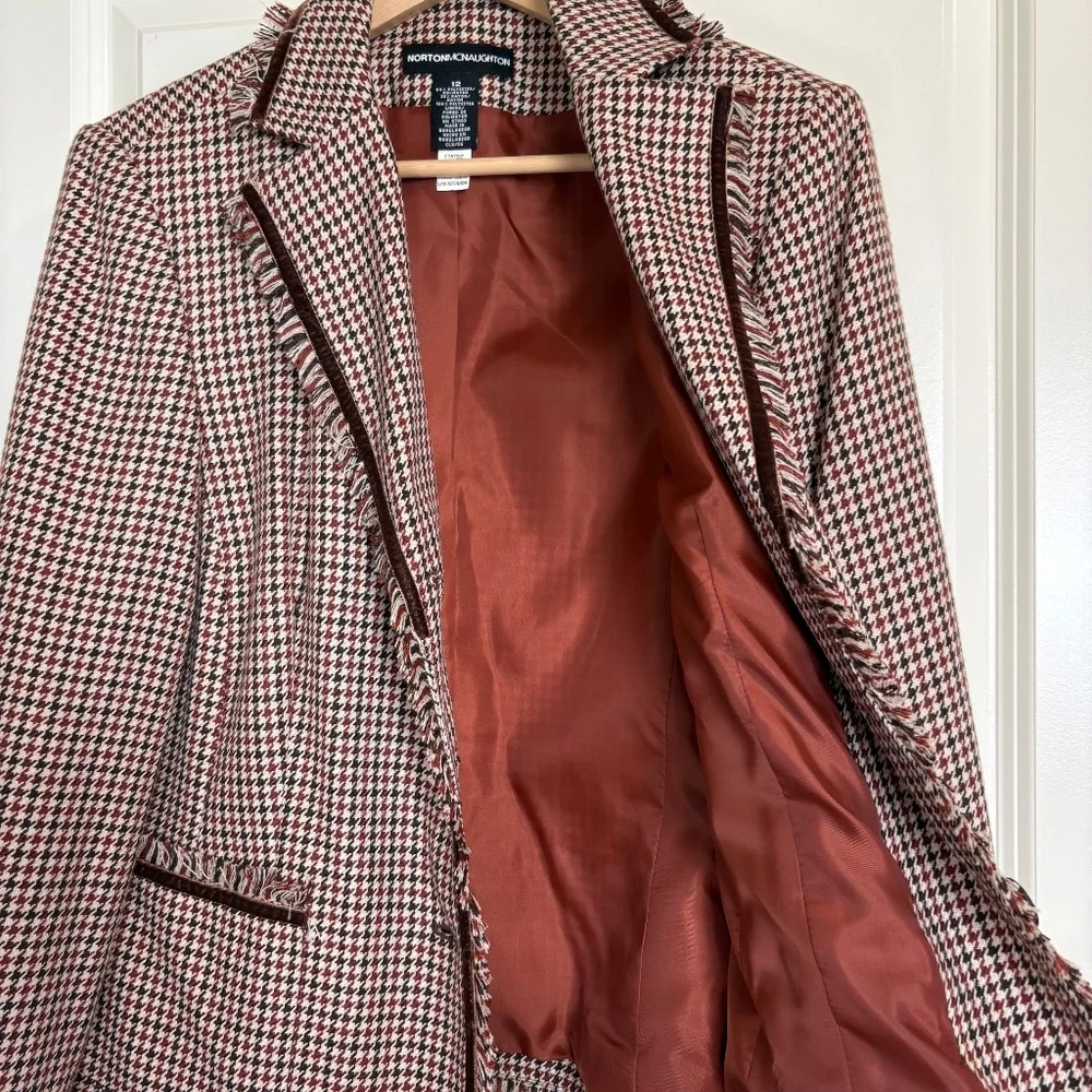 Vintage 90s Y2K Norton‎ McNaughton Houndstooth Brown Blazer Women's Sz 12 Fringe